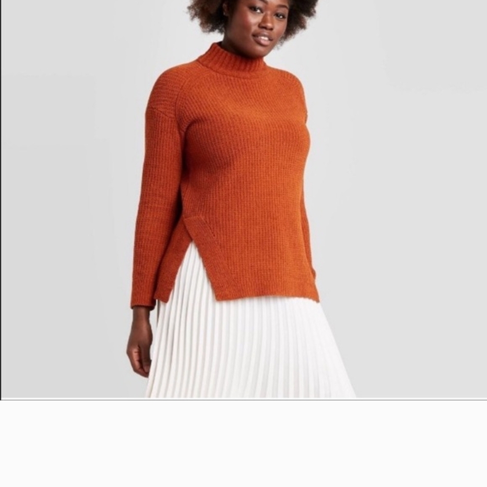 A New Day Mock Neck Sweater With Split Seams In Rust Orange -medium